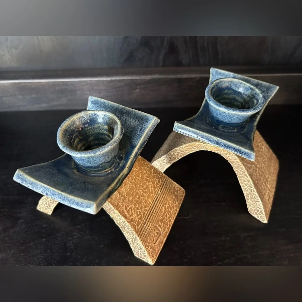 Candlestick Holders 2 Glazed Crafted For Tapers Blue Brown Artisy MCM Signed AG
